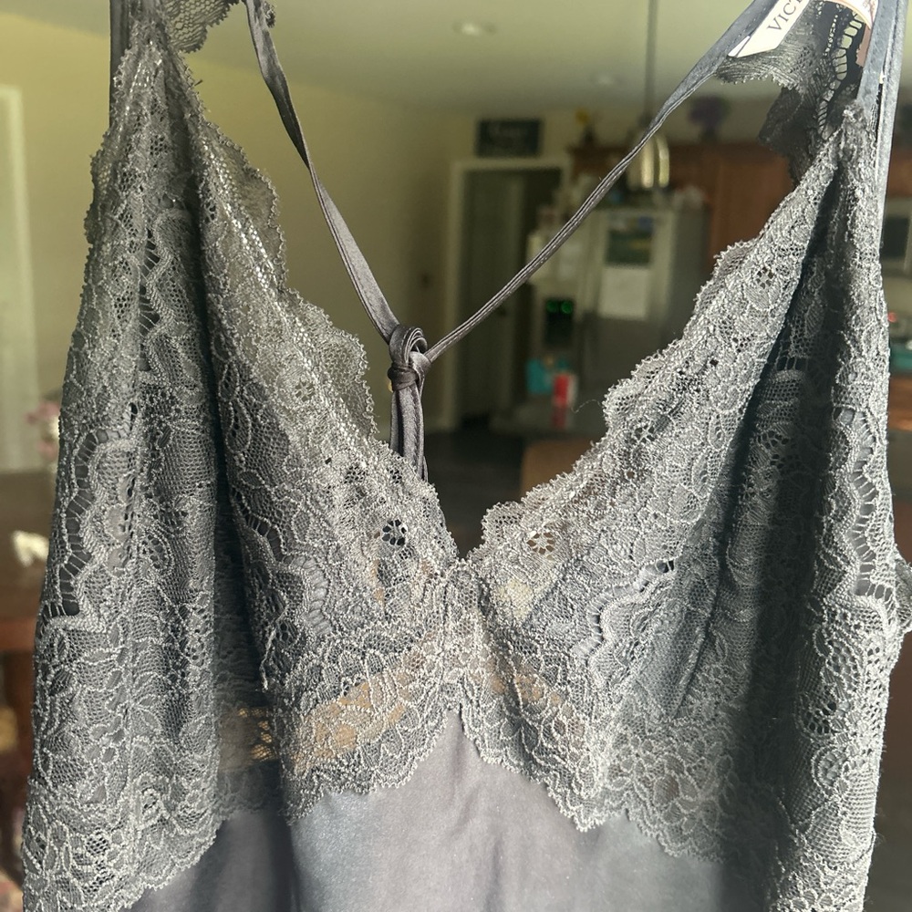 Victoria's Secret Black Satin Chemise with Lace Trim